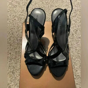 Audrey Brooke Shiny Black Cork Heeled Shoes Sz 8